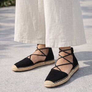 Eileen Fisher Black Suede Espadrille Flats Ankle Wrap Zip Women 8.5